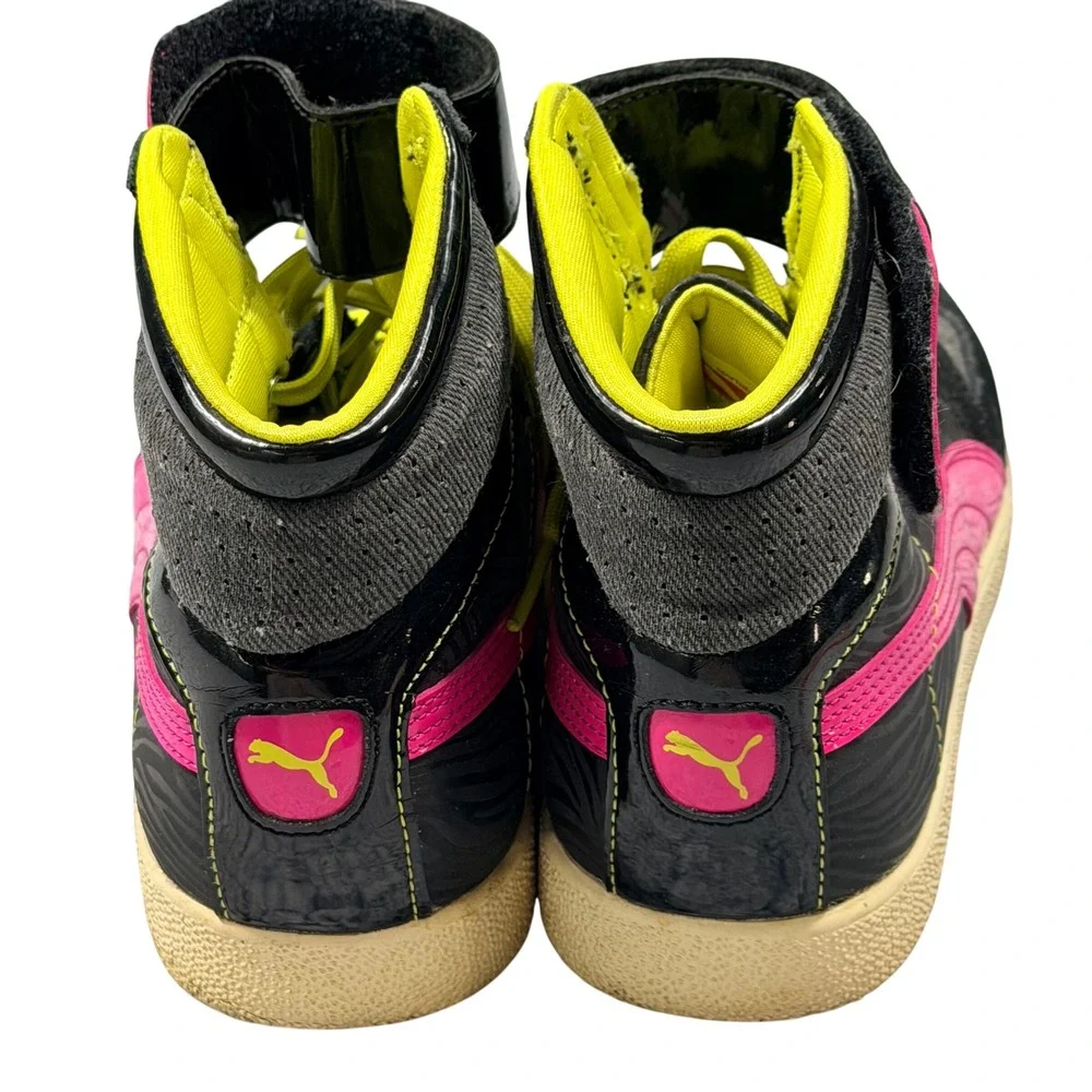 Puma High Top Sneakers Womens 7.5 Black Pink Yellow Suede Strap 355520-01 Y2K